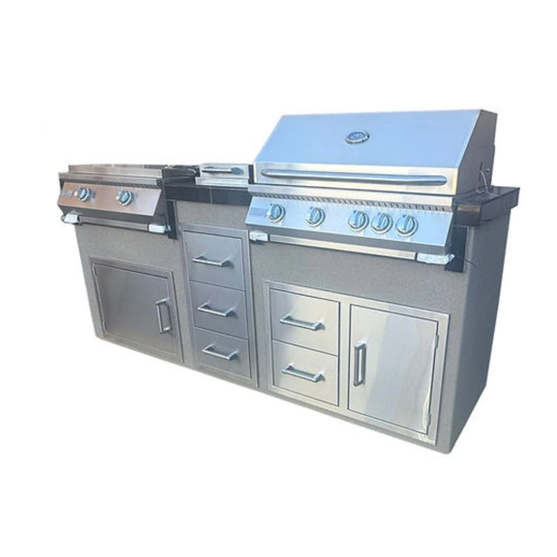 Kokomo Grills Teppanyaki, Griddle, Built-In BBQ Grill with Side Burner, Storage Drawers 7'6" - KO-7'6"-Tep-Side-5-Burn