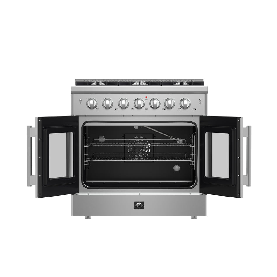 Forno Galiano 36-Inch Freestanding French Door Gas Range, 6 Burners, Convection Oven, Energy Efficient