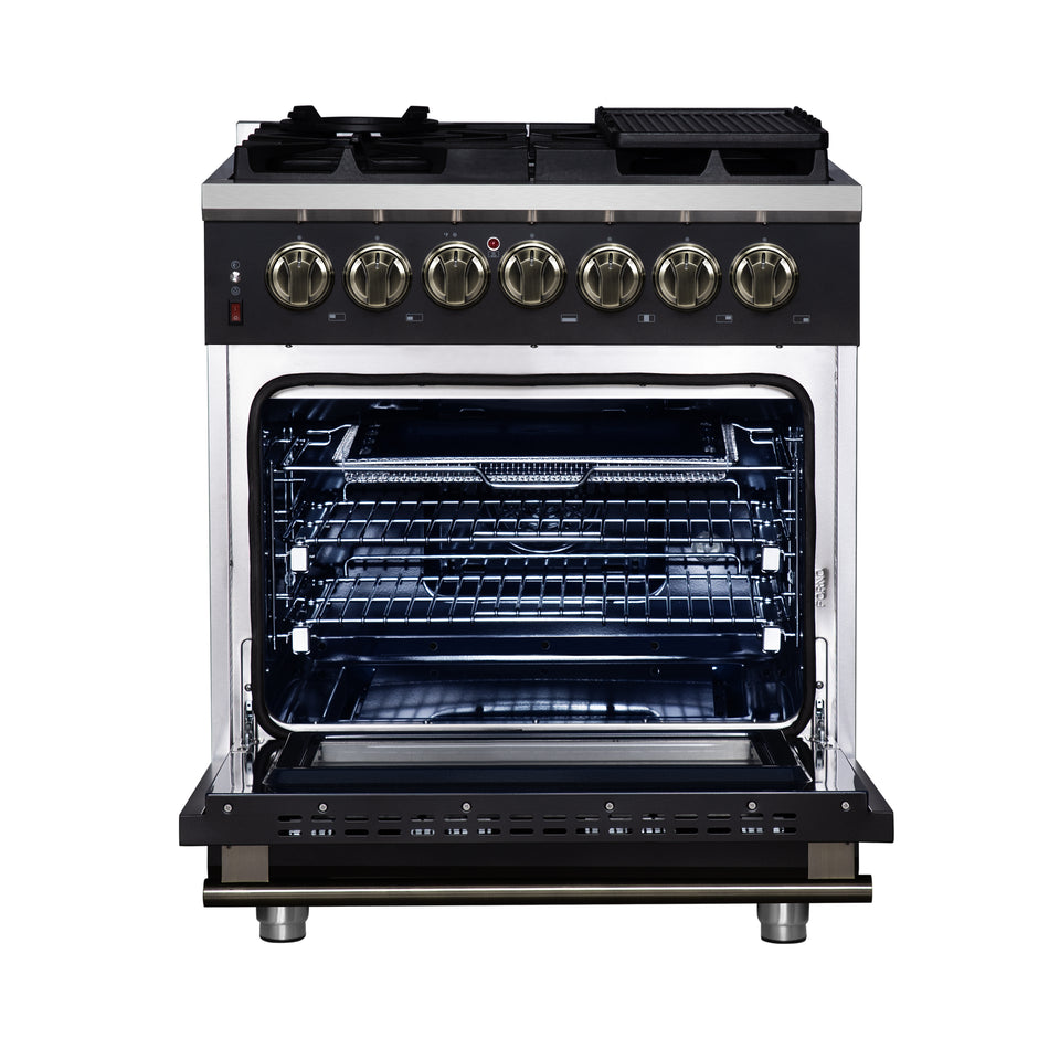 Forno Massimo 30-Inch Freestanding Dual Fuel Range in Black with Antique Brass Accessories, 4 Burners, 4.32 cu. ft. Convection Oven
