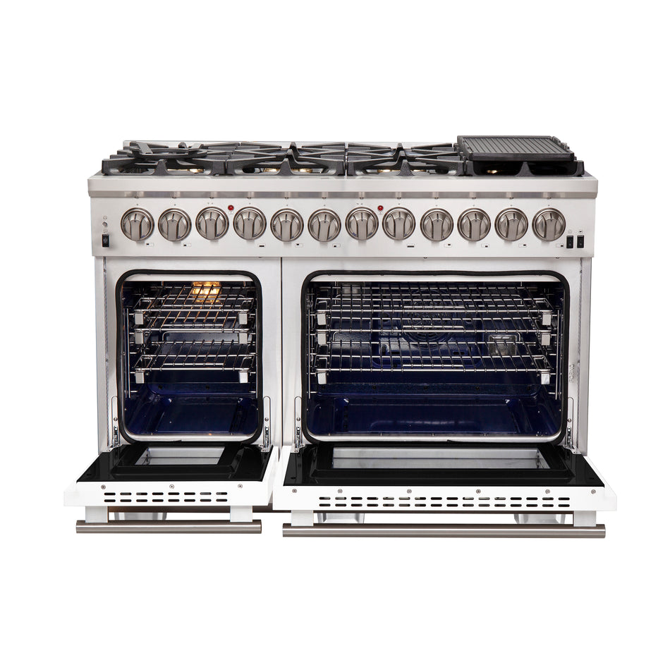 Forno Capriasca 48-Inch Freestanding Dual Fuel Range, 8 Burners, True Convection Oven, White Doors
