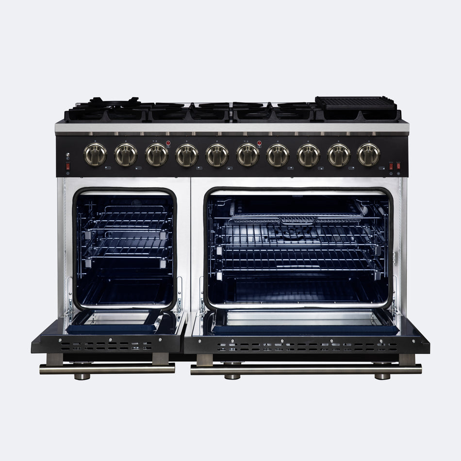 Forno Massimo 48-Inch Black Freestanding Gas Range, 8 Burners, True Convection Oven