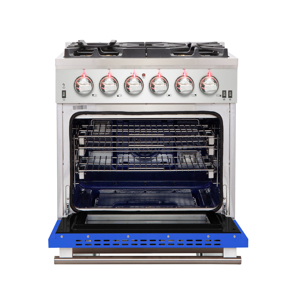 Forno Capriasca 30-Inch Freestanding Gas Range, 4 Burners, True Convection Oven, Blue Door