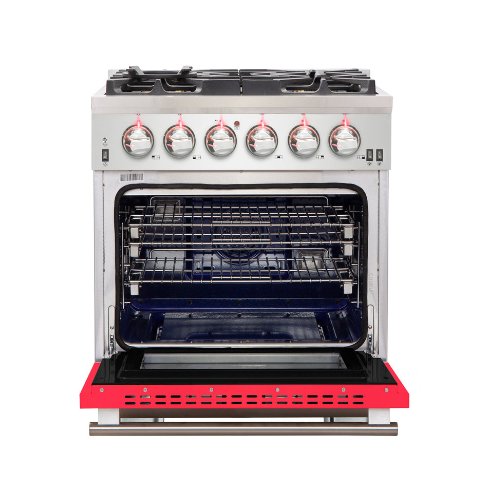 Forno Capriasca 30-Inch Freestanding Gas Range, 4 Burners, True Convection Oven, Red Door