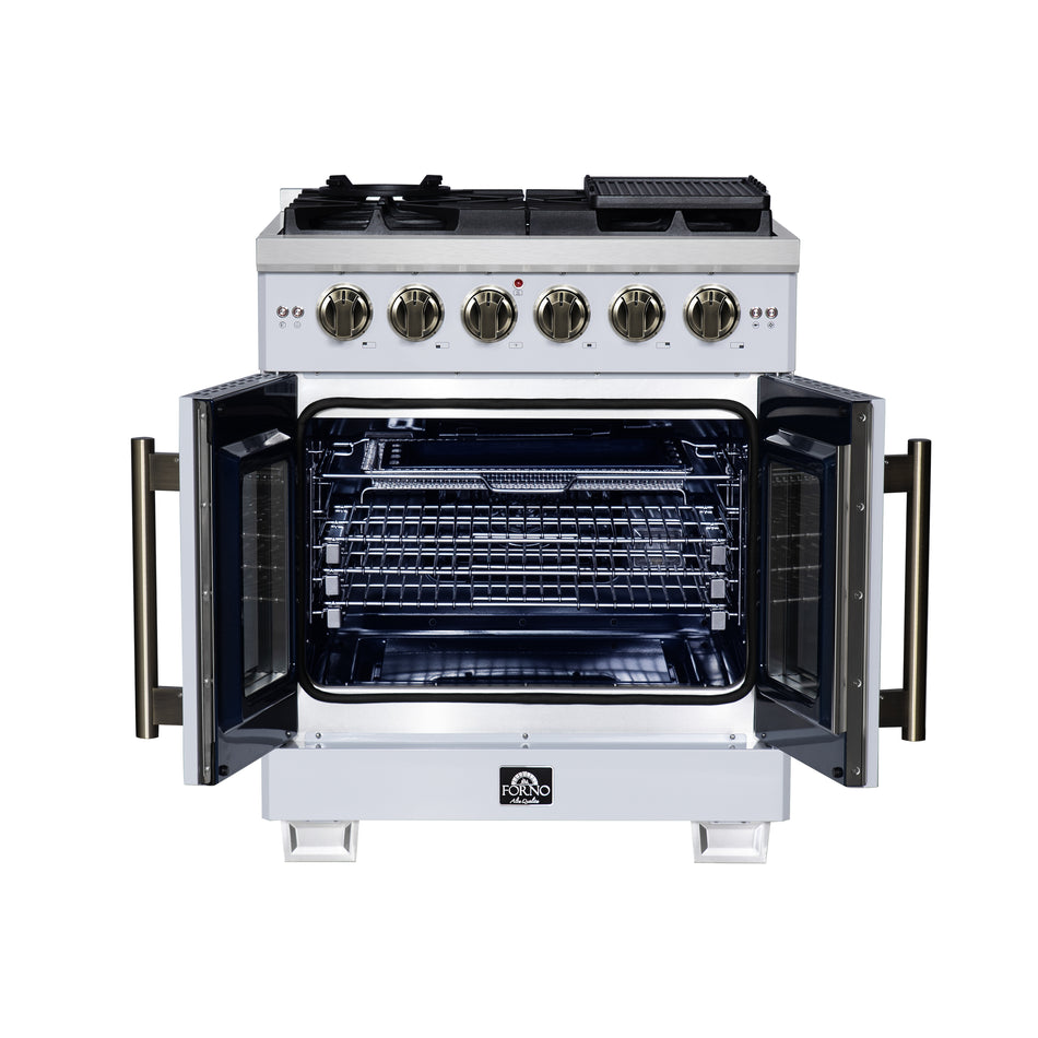 Forno Capriasca 30-Inch White Freestanding French Door Gas Range, 4 Burners, Convection Oven, Energy Efficient