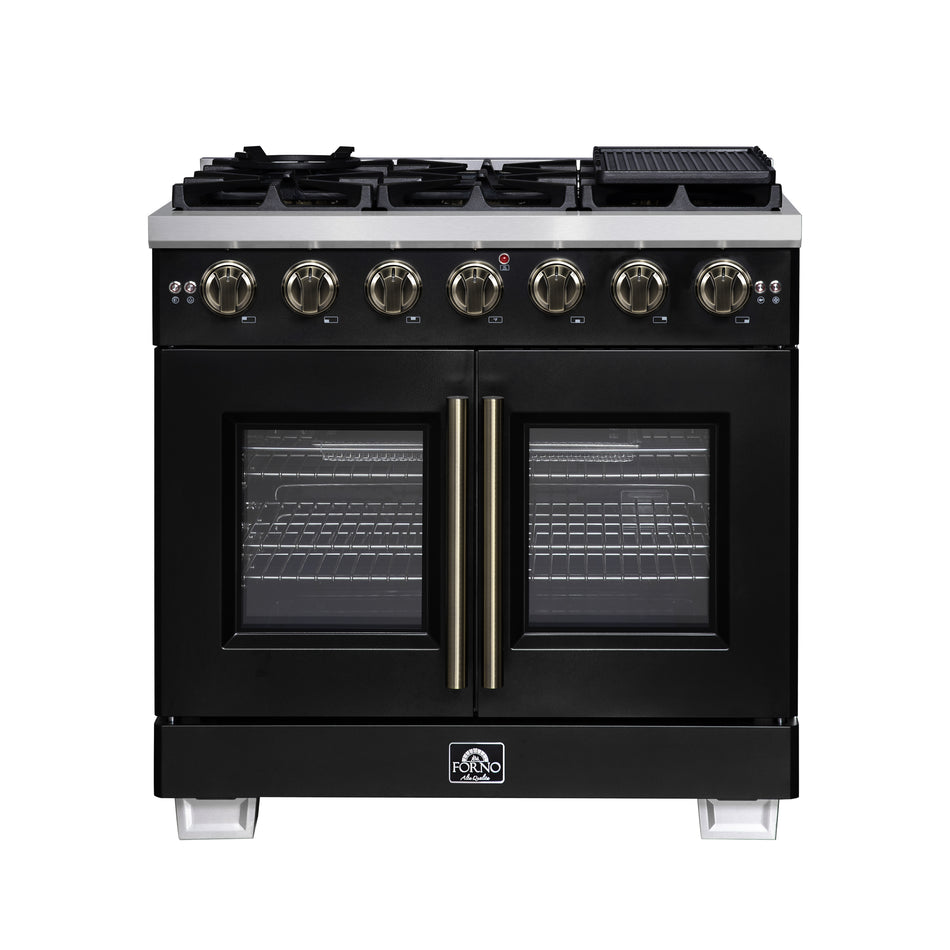 Forno Capriasca 36-Inch Black Freestanding French Door Gas Range, 6 Burners, Convection Oven, Energy Efficient
