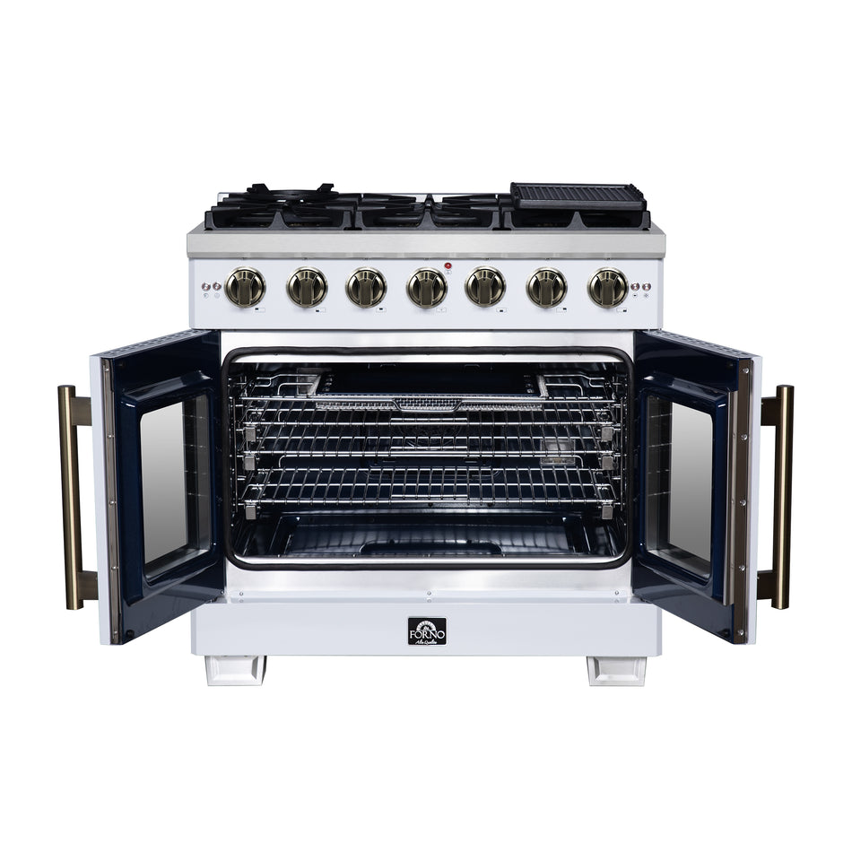 Forno Capriasca 36-Inch White Freestanding French Door Gas Range, 6 Burners, Convection Oven, Energy Efficient