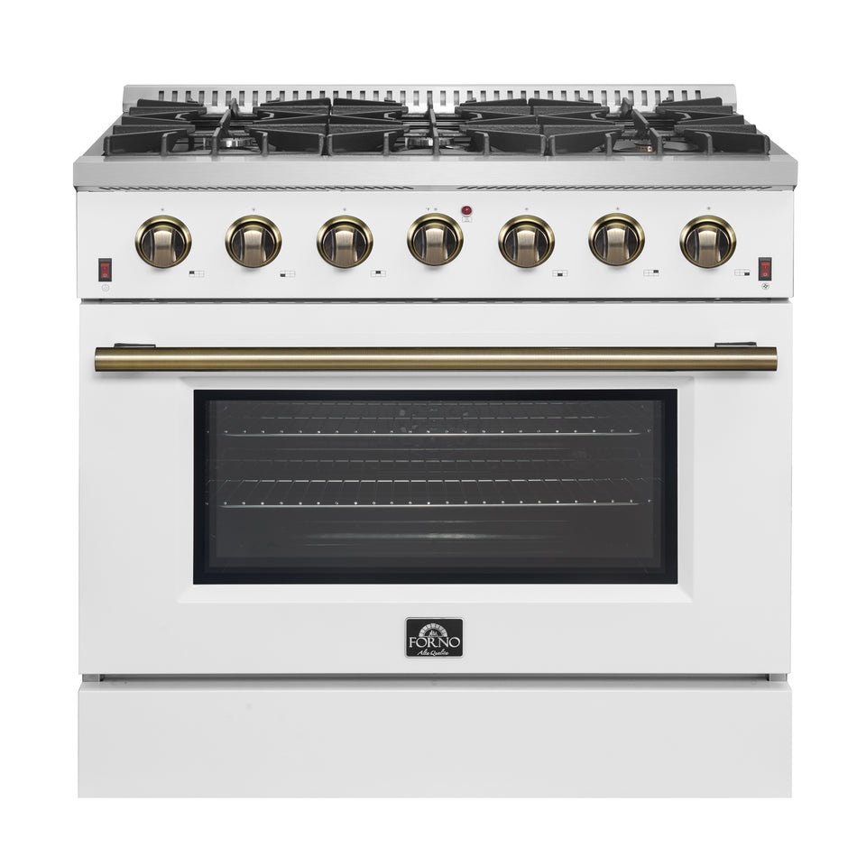 Forno Galiano 36-inch Freestanding Gas Range in White with Antique Brass Design, 6 Burners, 83,000 BTU, 5.36 cu.ft. Convection Oven