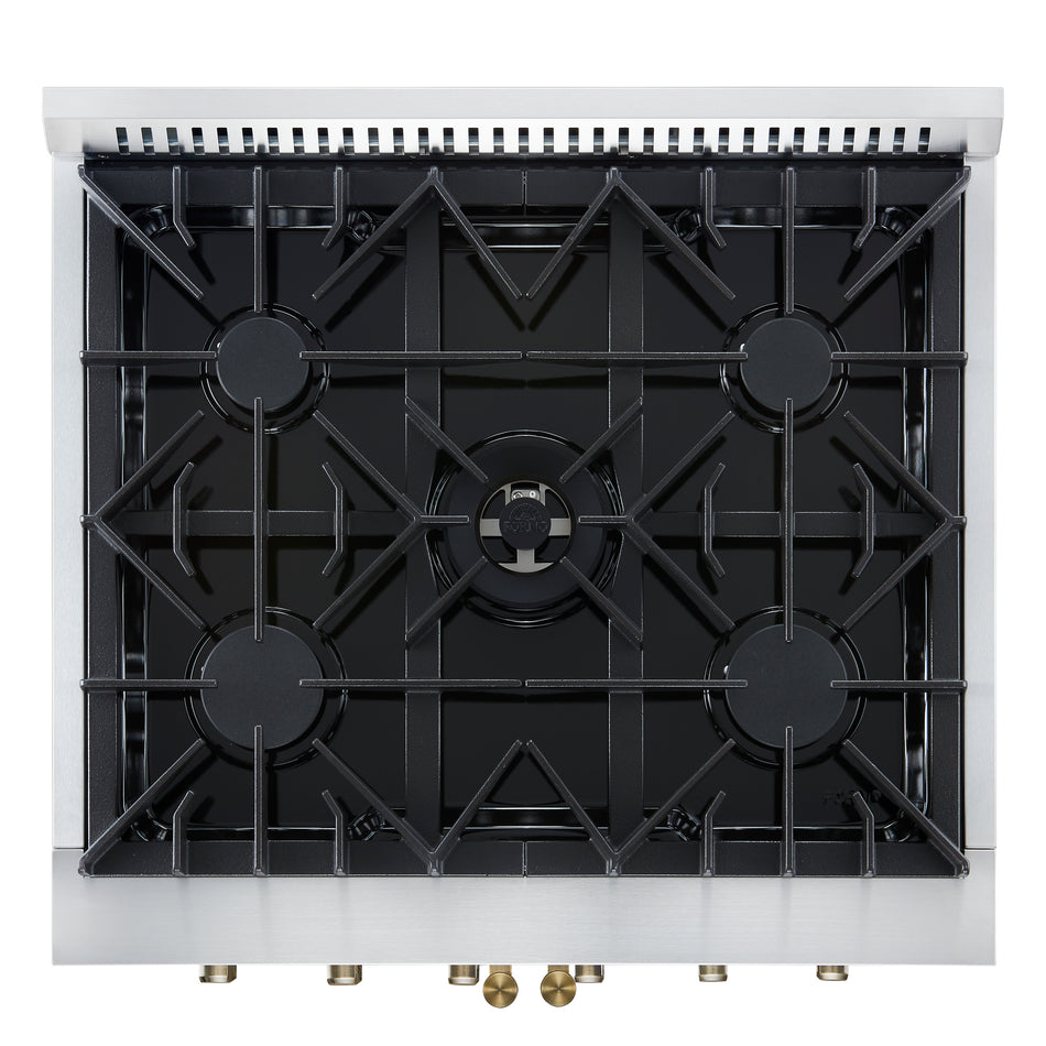 Forno Galiano 30-inch French Door Gas Range
White with Antique Brass Design, 5 Burners,
68,000 BTU, 4.32 cu.ft. Convection Oven
