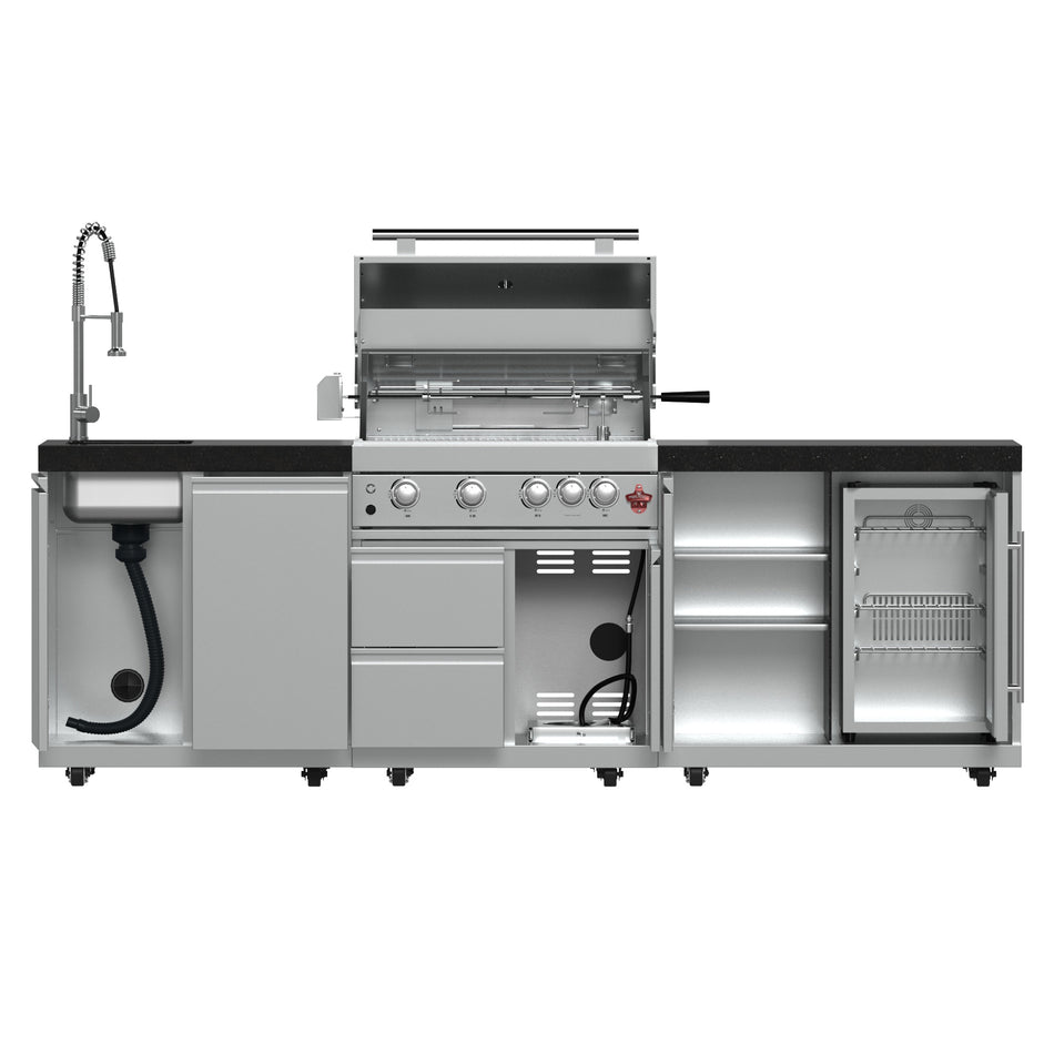 FORNO Bulnes 30-Inch BBQ, 60,000 BTU, 3 Burners with Sear & Rotisserie Infrared Burners, Stainless Steel Outdoor Kitchen with 1.8 cu.ft. Beverage Center & Black Granite Countertops