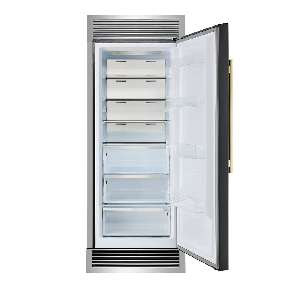 Forno Maderno 28-Inch Built-In Convertible Refrigerator in Black with Antique Brass Handle, 13.6 cu.ft. Right Swing with Decorative Trim - 32-Inch Wide