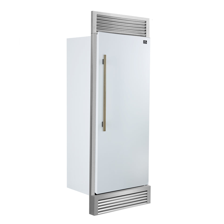 Forno Maderno 28-Inch Built-In Convertible Refrigerator in White with Antique Brass Handle, 13.6 cu.ft. Right Swing with Decorative Trim - 32-Inch Wide