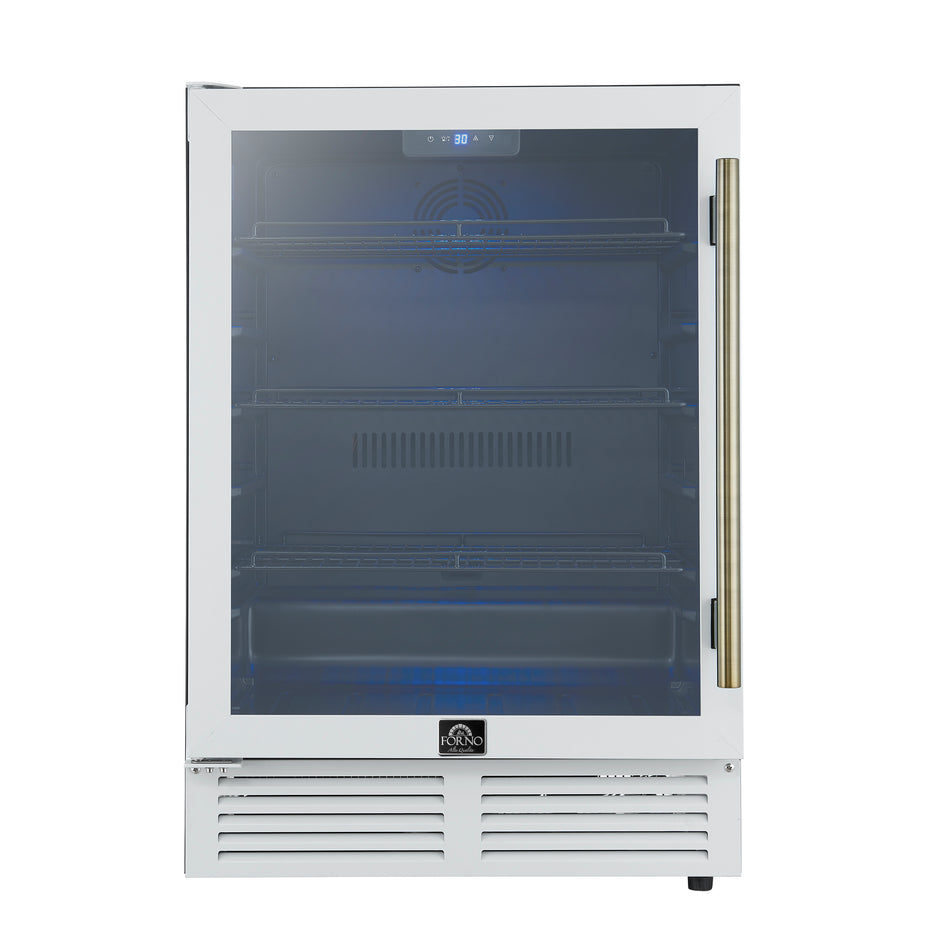 Forno Frescolino 24 Inch Beverage Cooler, White with Antique Brass Handles, with LED Lighting, Triple Glass Door, 188 Can Capacity, Built-In or Freestanding
