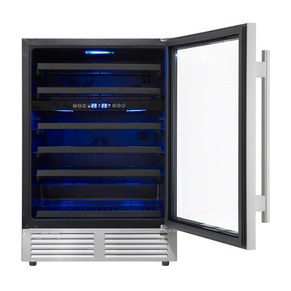 Forno Bacchino 24 Inch Wine Cooler, Stainless Steel, with LED Lighting, Triple Glass Door, 51 Bottle Capacity, Built-In or Freestanding