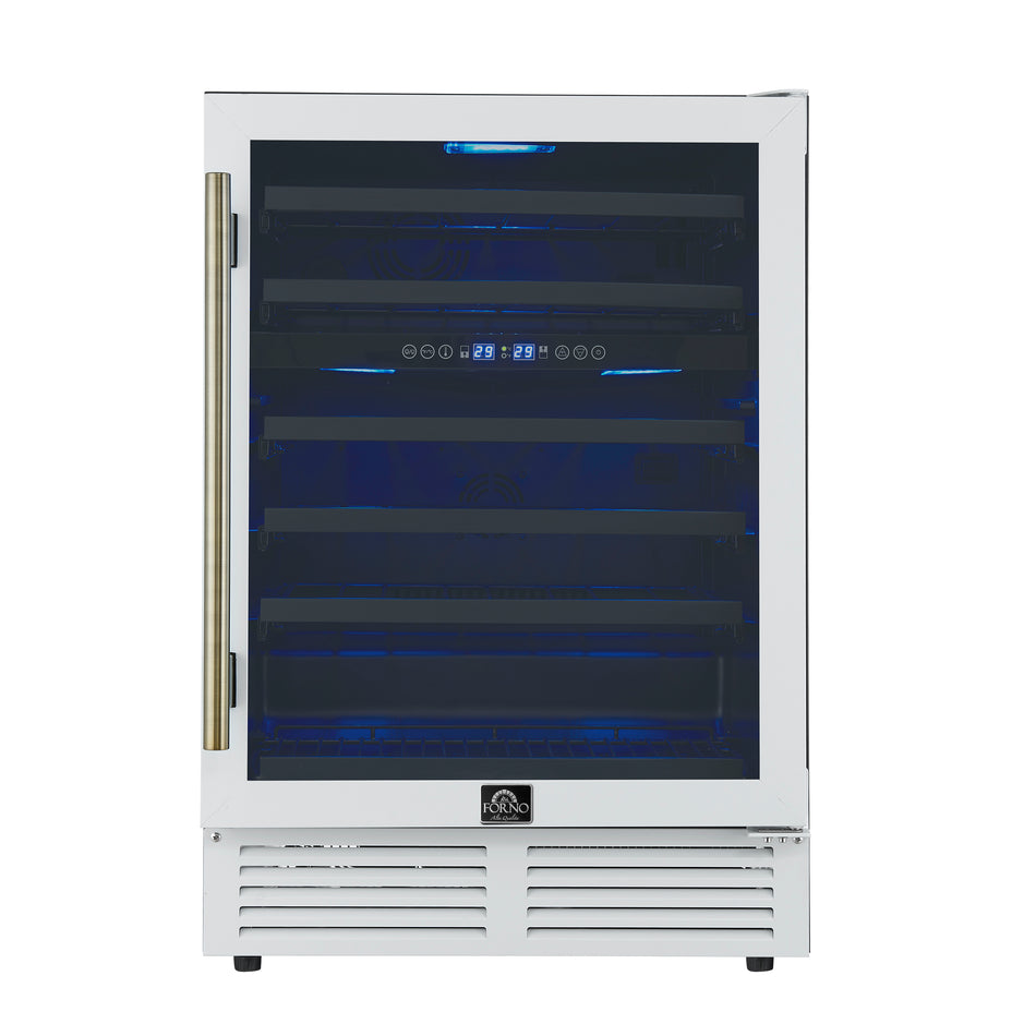 Forno Bacchino 24 Inch Wine Cooler, White with Antique Brass Handles, with LED Lighting, Triple Glass Door, 51 Bottle Capacity, Built-In or Freestanding